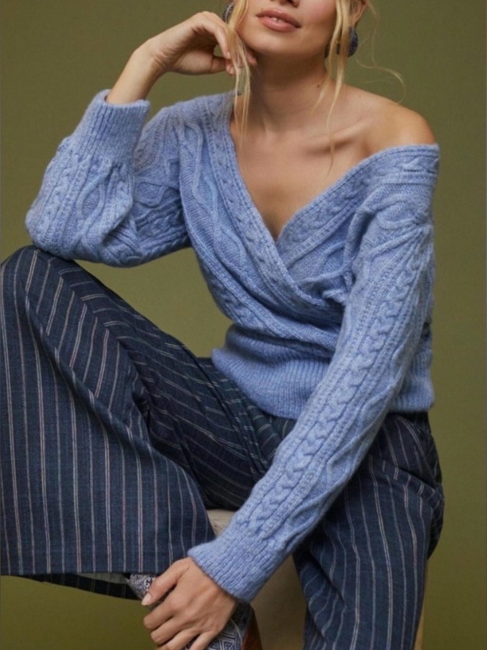 Anthropologie Light Blue Open-Back V-Neck Sweater
